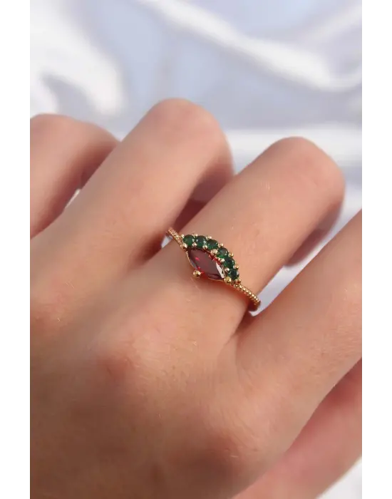  Altın Renk Renkli Zirkon Taşlı Ayarlanabilir Karpuz Model Yüzük