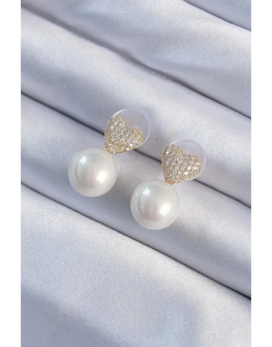  Altın Renk Zirkon Taşlı Kalp Model İnci Tasarım Çelik Küpe