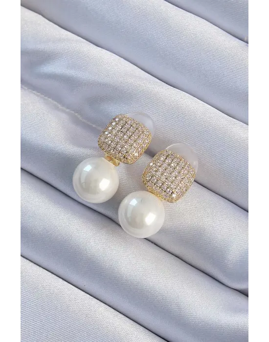  Altın Renk Zirkon Taşlı Kare Model İnci Tasarım Çelik Küpe