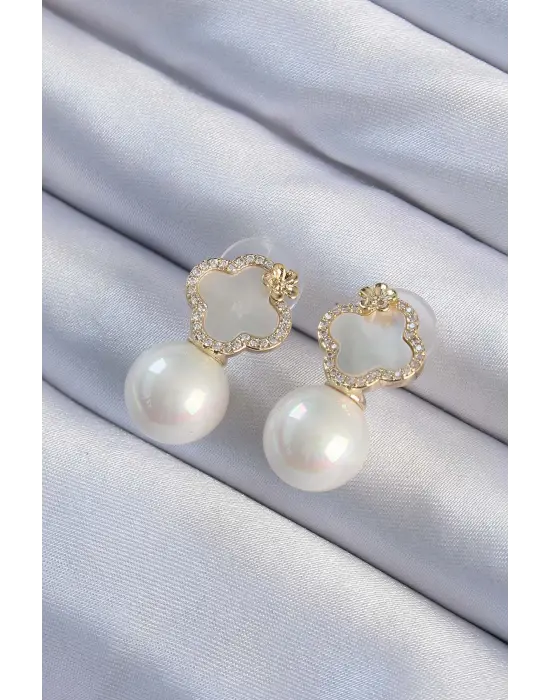  Altın Renk Zirkon Taşlı Minimal Çiçek Tasarımlı Çelik Küpe