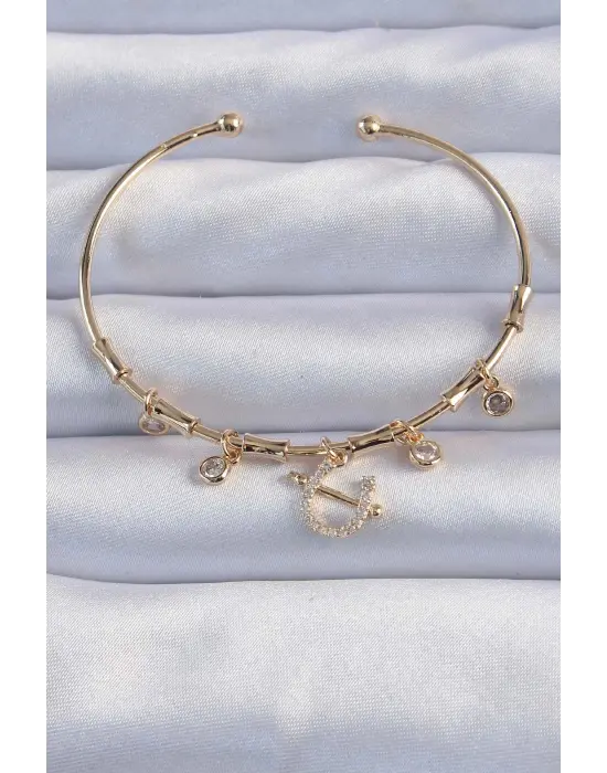 Pirinç Altın Renk Zirkon Taşlı Nal Figür Charm Bileklik