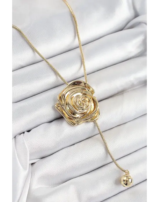 Pirinç Asansörlü Gül Model Gold Renk Kadın Kolye