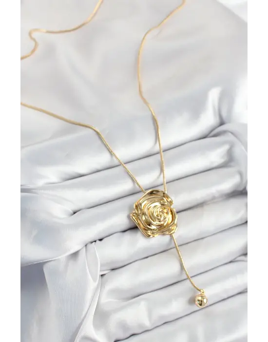 Pirinç Asansörlü Gül Model Gold Renk Kadın Kolye