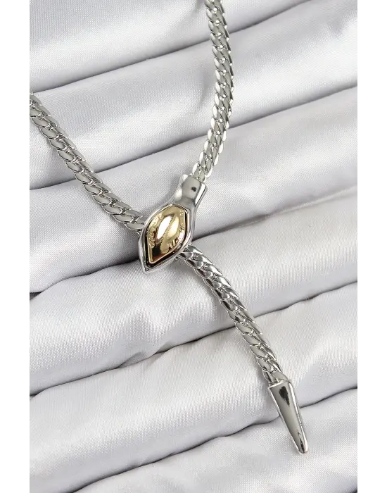 Pirinç Asansörlü Yılan Model Gümüş Renk Kadın Kolye