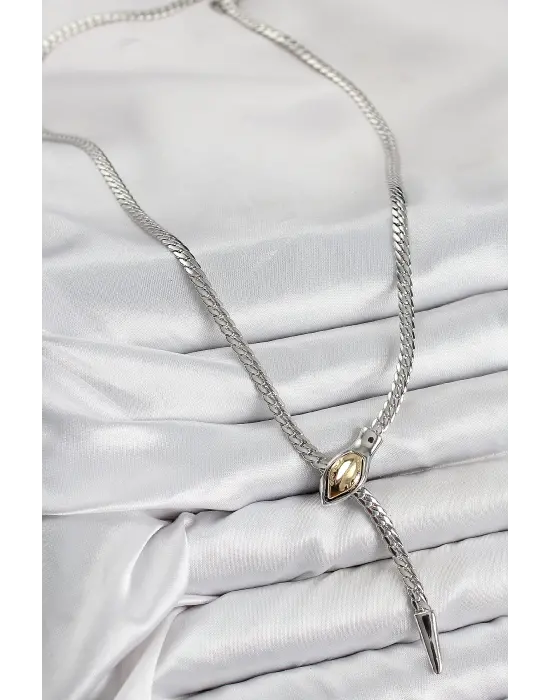 Pirinç Asansörlü Yılan Model Gümüş Renk Kadın Kolye