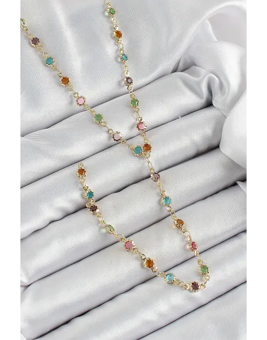 Pirinç Asorti Çiçek Model Gold Renk Zirkon Taşlı Y Kolye