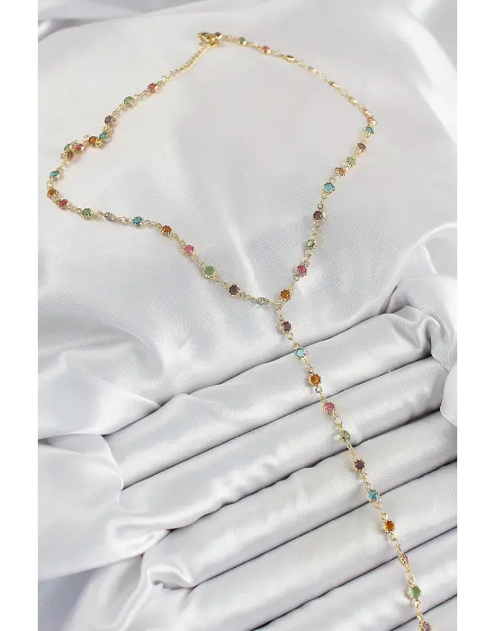 Pirinç Asorti Çiçek Model Gold Renk Zirkon Taşlı Y Kolye