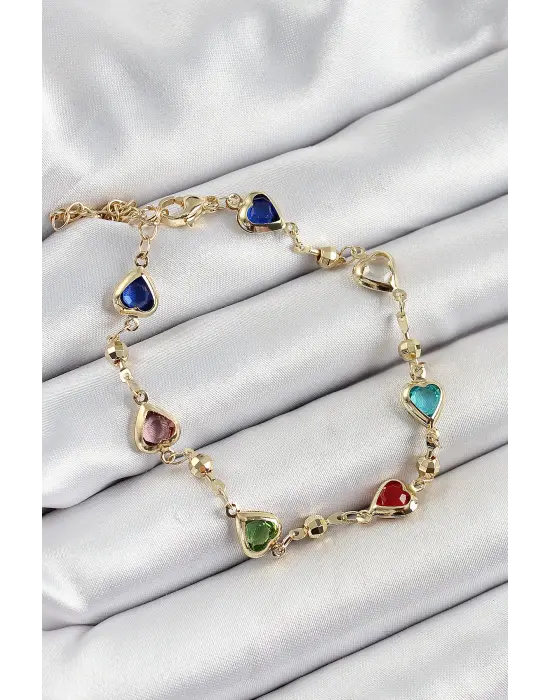 Pirinç Asorti Kalp Model Gold Renk Zirkon Taşlı Kadın Bileklik