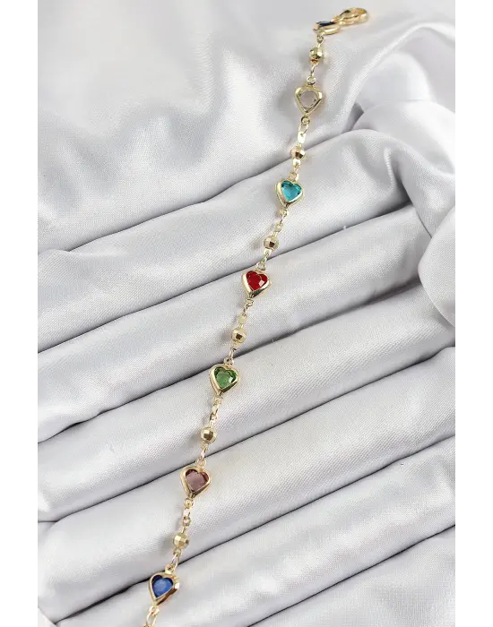 Pirinç Asorti Kalp Model Gold Renk Zirkon Taşlı Kadın Bileklik