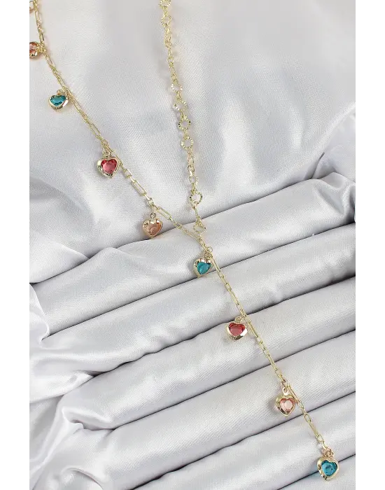 Pirinç Asorti Kalp Model Gold Renk Zirkon Taşlı Y Kolye