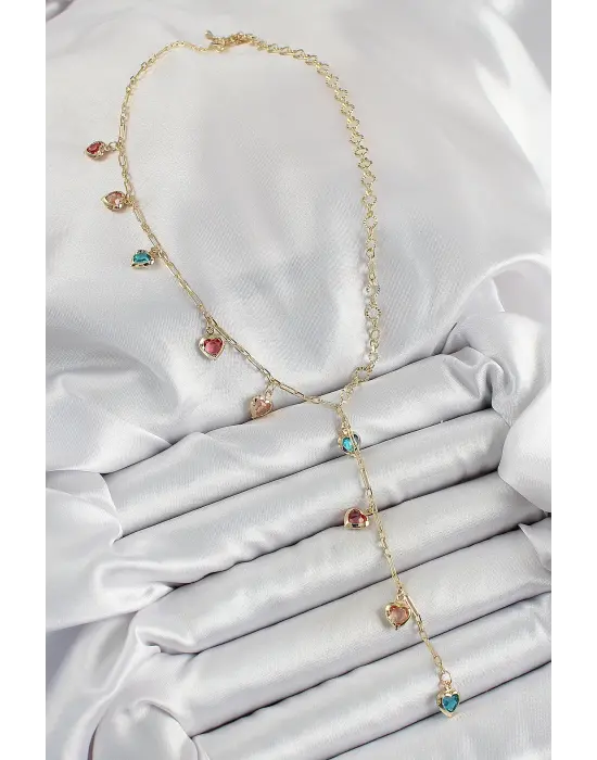 Pirinç Asorti Kalp Model Gold Renk Zirkon Taşlı Y Kolye
