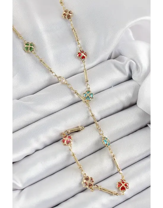 Pirinç Asorti Kalpli Yonca Model Gold Renk Zirkon Taşlı Y Kolye