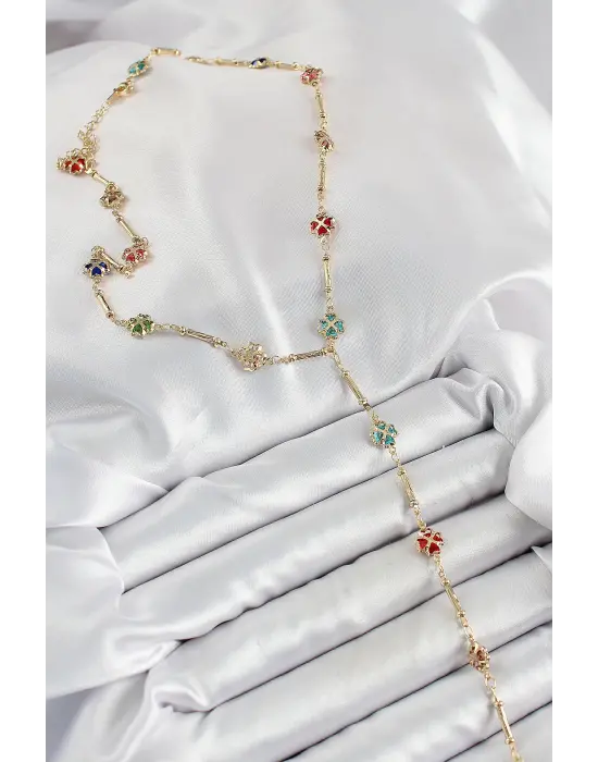 Pirinç Asorti Kalpli Yonca Model Gold Renk Zirkon Taşlı Y Kolye