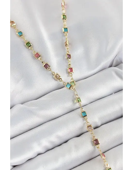 Pirinç Asorti Kare Model Gold Renk Zirkon Taşlı Y Kolye