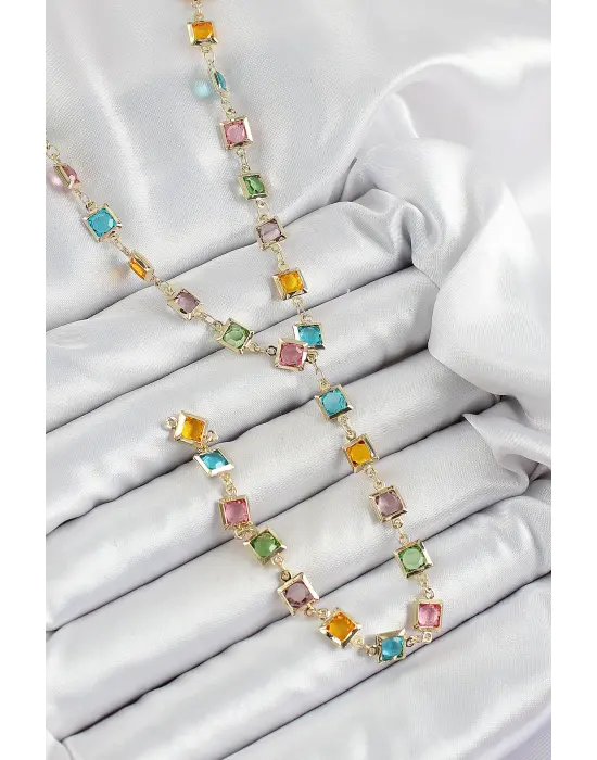 Pirinç Asorti Kare Model Gold Renk Zirkon Taşlı Y Kolye