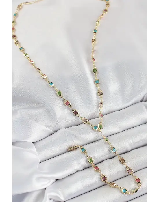 Pirinç Asorti Kare Model Gold Renk Zirkon Taşlı Y Kolye