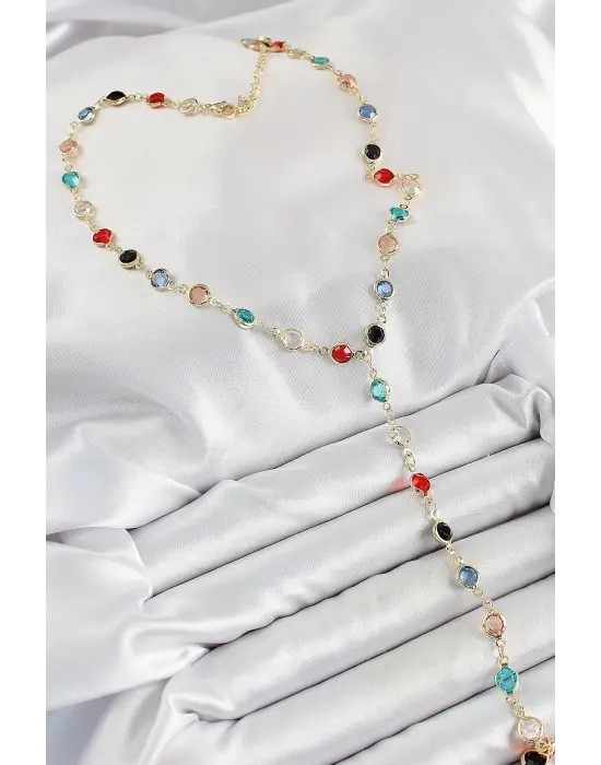 Pirinç Asorti Model Gold Renk Zirkon Taşlı Y Kolye