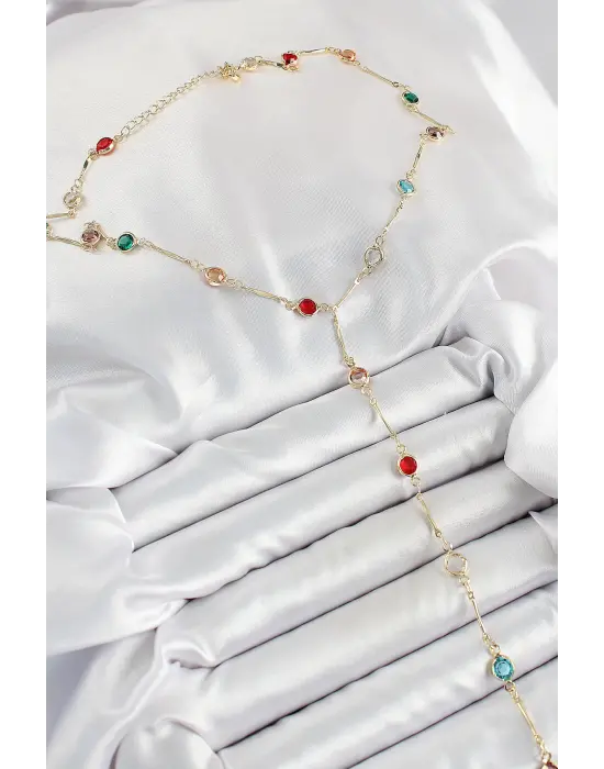 Pirinç Asorti Model Gold Renk Zirkon Taşlı Y Kolye