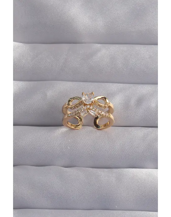  Ayarlamalı Altın Zirkon Taşlı 2li Görünüm Fiyonk Yüzük