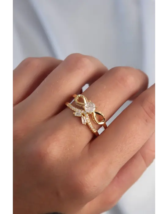  Ayarlamalı Altın Zirkon Taşlı 2li Görünüm Fiyonk Yüzük