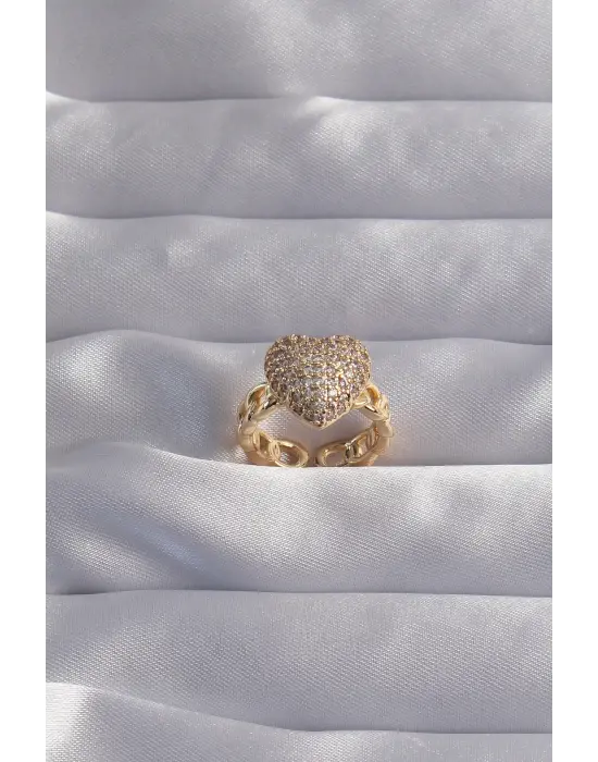  Ayarlamalı Altın Zirkon Taşlı Bombeli Kalp Yüzük