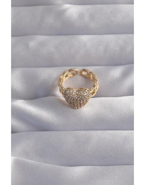  Ayarlamalı Altın Zirkon Taşlı Bombeli Kalp Yüzük
