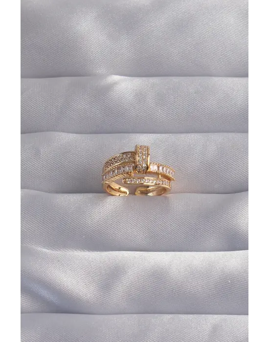  Ayarlamalı Altın Zirkon Taşlı Kıvrımlı Çivi Yüzük