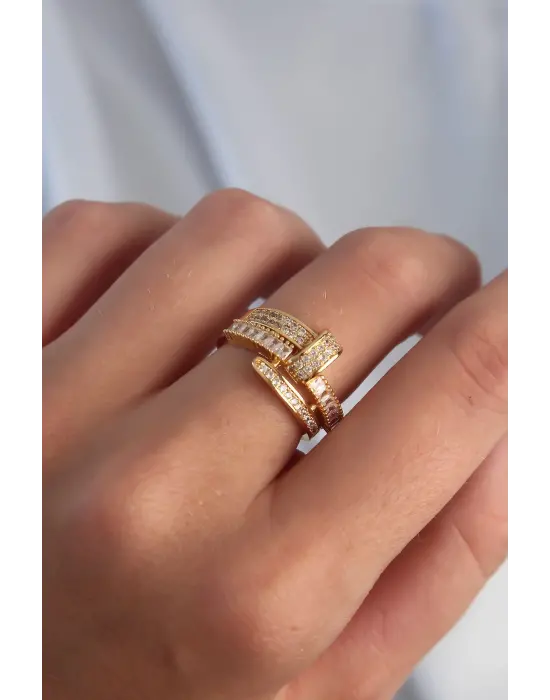  Ayarlamalı Altın Zirkon Taşlı Kıvrımlı Çivi Yüzük