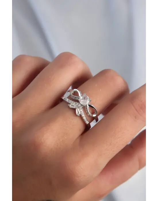  Ayarlamalı Gümüş Zirkon Taşlı 2li Görünüm Fiyonk Yüzük