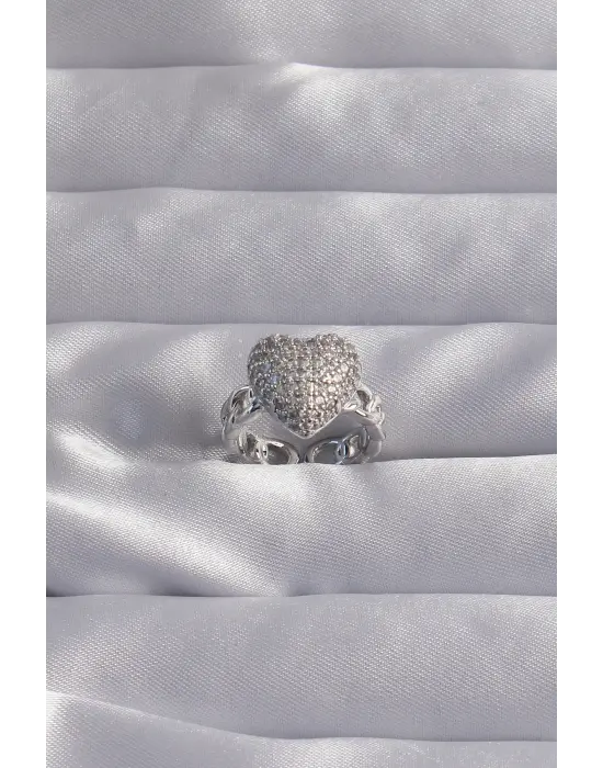  Ayarlamalı Gümüş Zirkon Taşlı Bombeli Kalp Yüzük