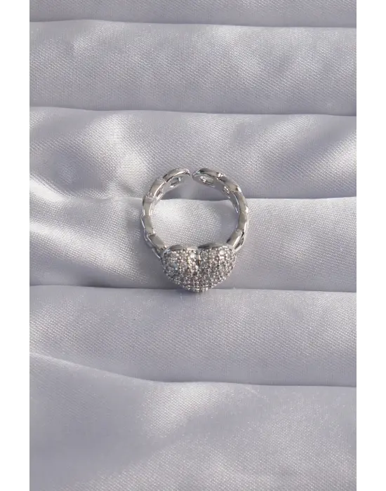  Ayarlamalı Gümüş Zirkon Taşlı Bombeli Kalp Yüzük