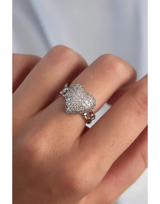  Ayarlamalı Gümüş Zirkon Taşlı Bombeli Kalp Yüzük