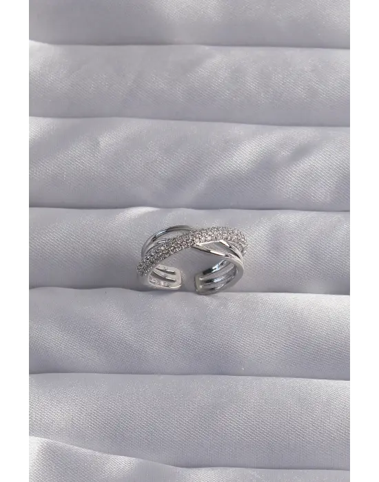  Ayarlamalı Gümüş Zirkon Taşlı Çapraz Görünüm Yüzük