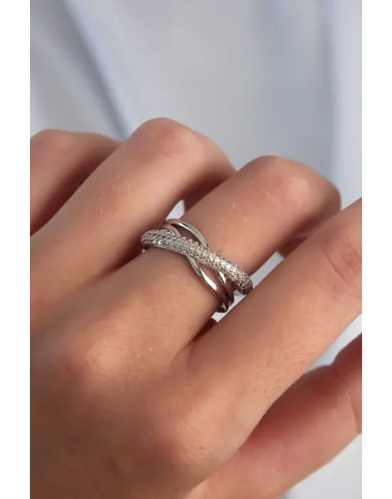  Ayarlamalı Gümüş Zirkon Taşlı Çapraz Görünüm Yüzük