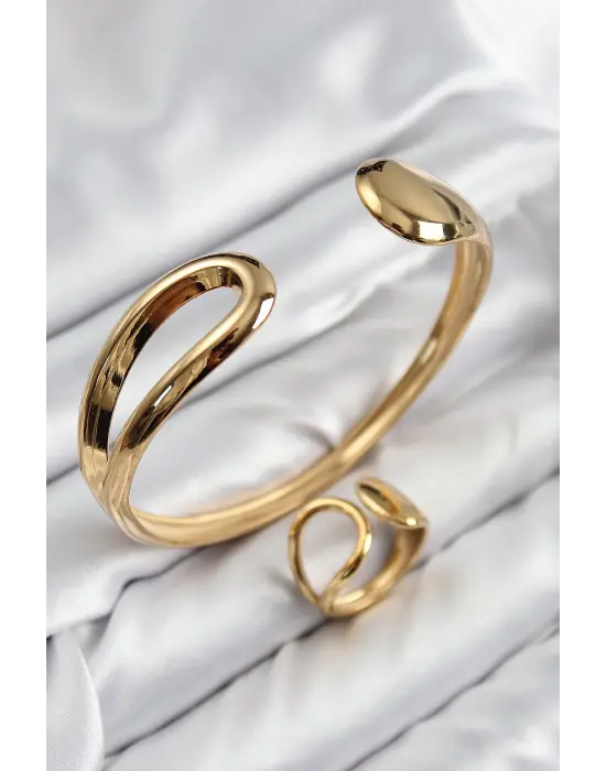 Pirinç Ayrık Model Gold Renk Bileklik Yüzük Set