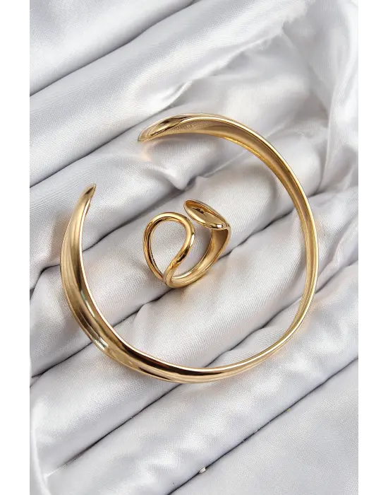 Pirinç Ayrık Model Gold Renk Bileklik Yüzük Set