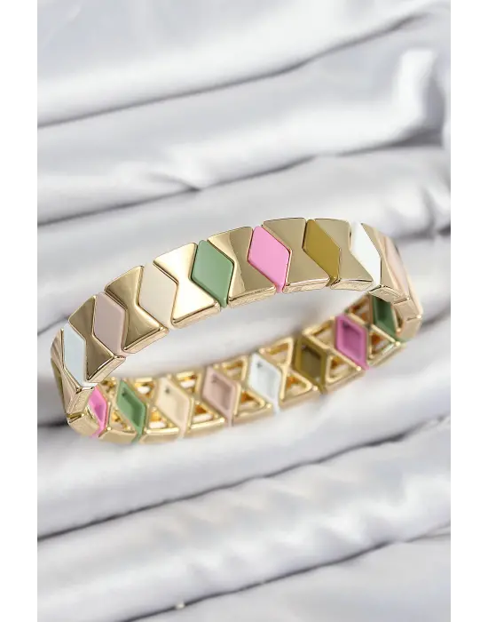 Pirinç Baklava Desenli Asorti Gold Renk Lastikli Kadın Bileklik