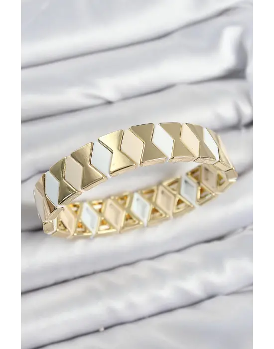 Pirinç Baklava Desenli Krem Beyaz Gold Renk Lastikli Kadın Bileklik