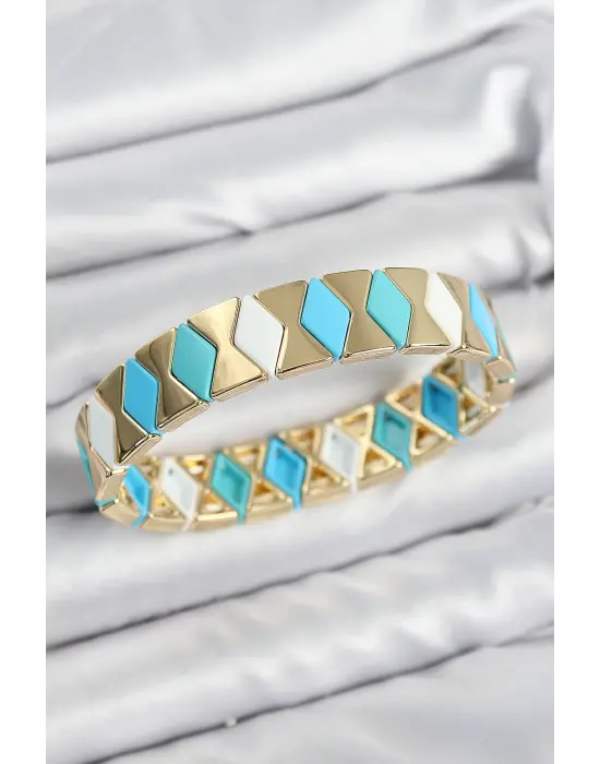 Pirinç Baklava Desenli Mavi Beyaz Gold Renk Lastikli Kadın Bileklik