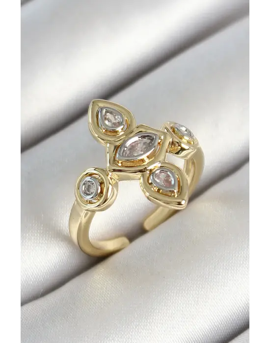 Pirinç Beş Taş Trend Figür Zirkon Taşlı Gold Renk Ayarlanabilir Kadın Yüzük