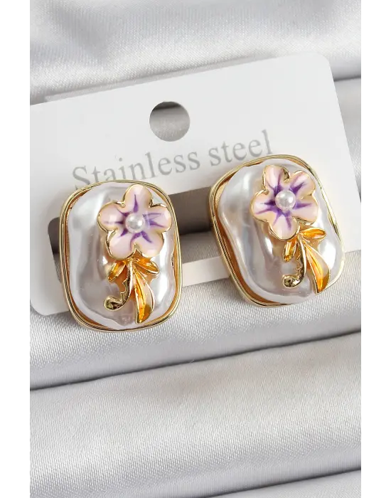 Pirinç Beyaz Mineli İnci Detaylı Çiçek Figürlü Sanatsal Portre Model Gold Renk Kadın Küpe