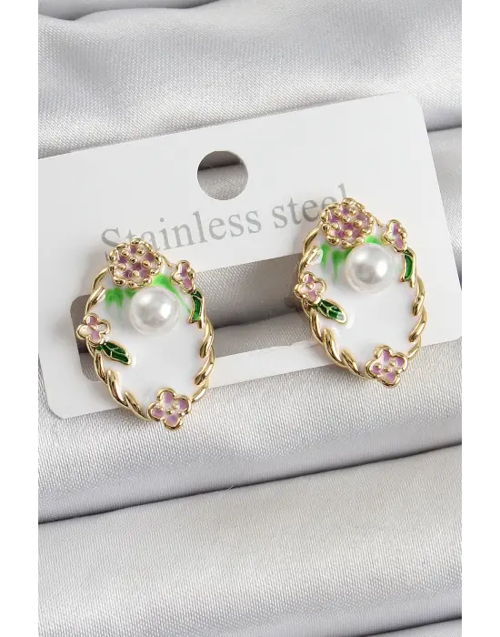 Pirinç Beyaz Mineli İnci Detaylı Sanatsal Portre Model Gold Renk Kadın Küpe