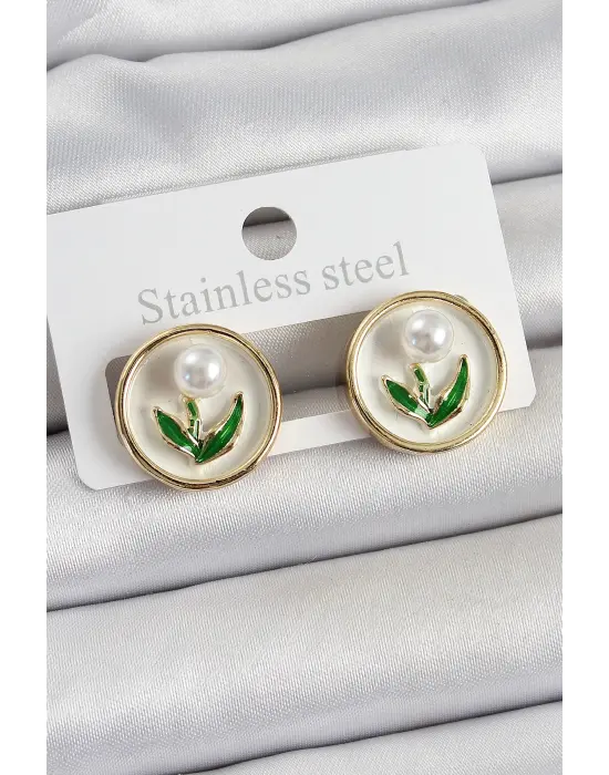 Pirinç Beyaz Mineli Lale Figürlü Sanatsal Portre Model Gold Renk Kadın Küpe