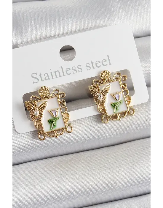 Pirinç Beyaz Mineli Sanatsal Portre Model Gold Renk Kadın Küpe