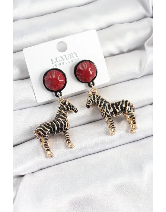Pirinç Bordo Sallantılı 3D Zebra Model Gold Renk Kadın Küpe