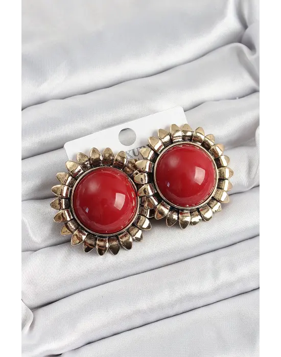 Pirinç Bordo Vintage Model Gold Renk Kadın Küpe