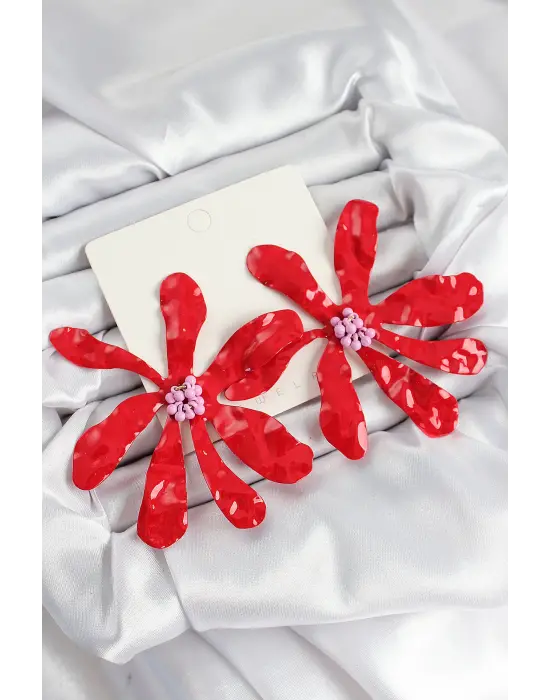 Pirinç Büyük Kırmızı Çiçek Model Kadın Küpe