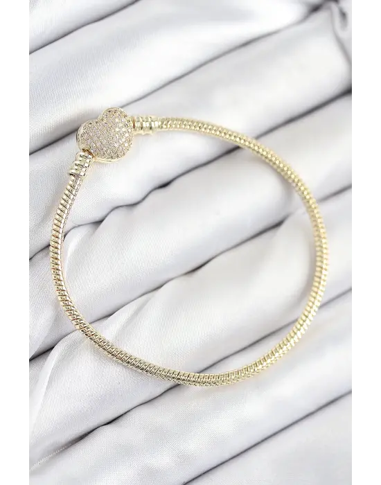 Pirinç Charm Zirkon Taşlı Kalp Model Gold Renk Kadın Bileklik