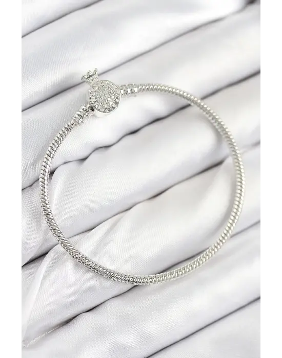 Pirinç Charm Zirkon Taşlı Taç Model Gümüş Renk Kadın Bileklik