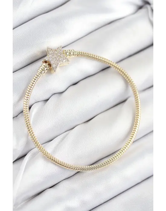 Pirinç Charm Zirkon Taşlı Yıldız Model Gold Renk Kadın Bileklik